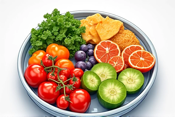 Illustration of a balanced meal with fruits, vegetables, and whole grains, symbolizing healthy eating and well-being.