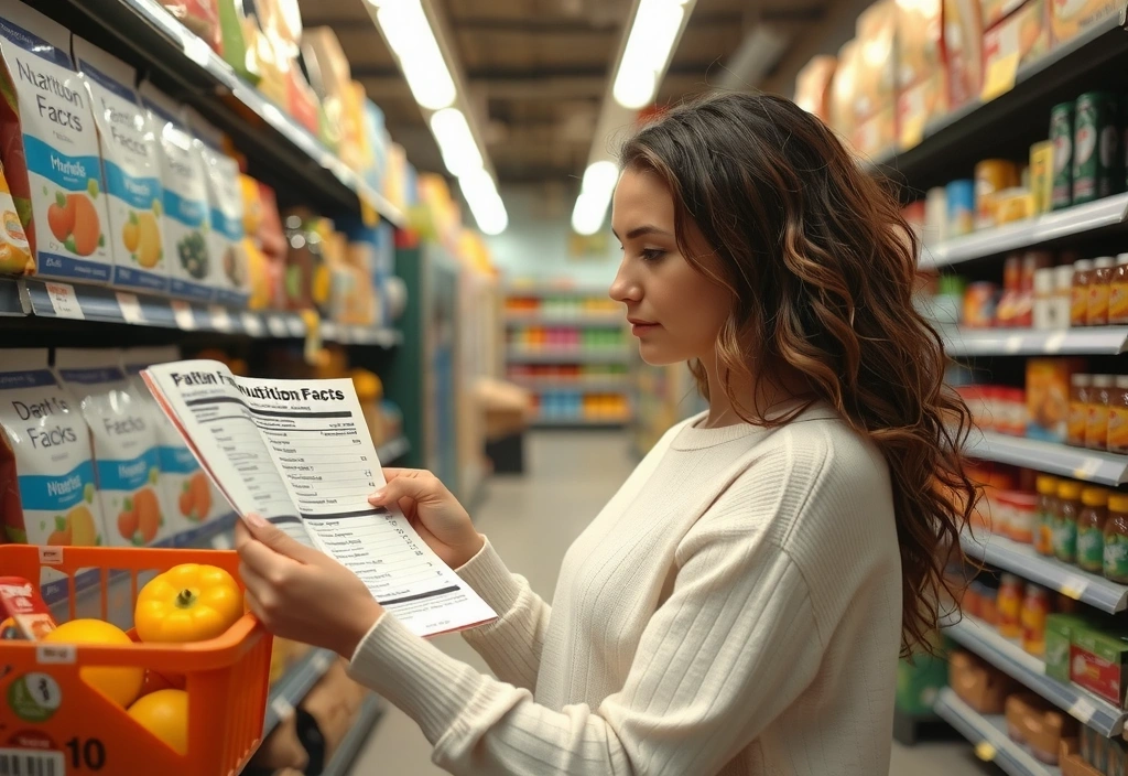 Donna che studia etichette nutrizionali al supermercato