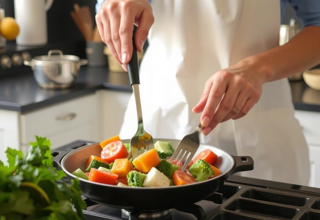 Persona che prepara un pasto sano, con verdure e ingredienti freschi