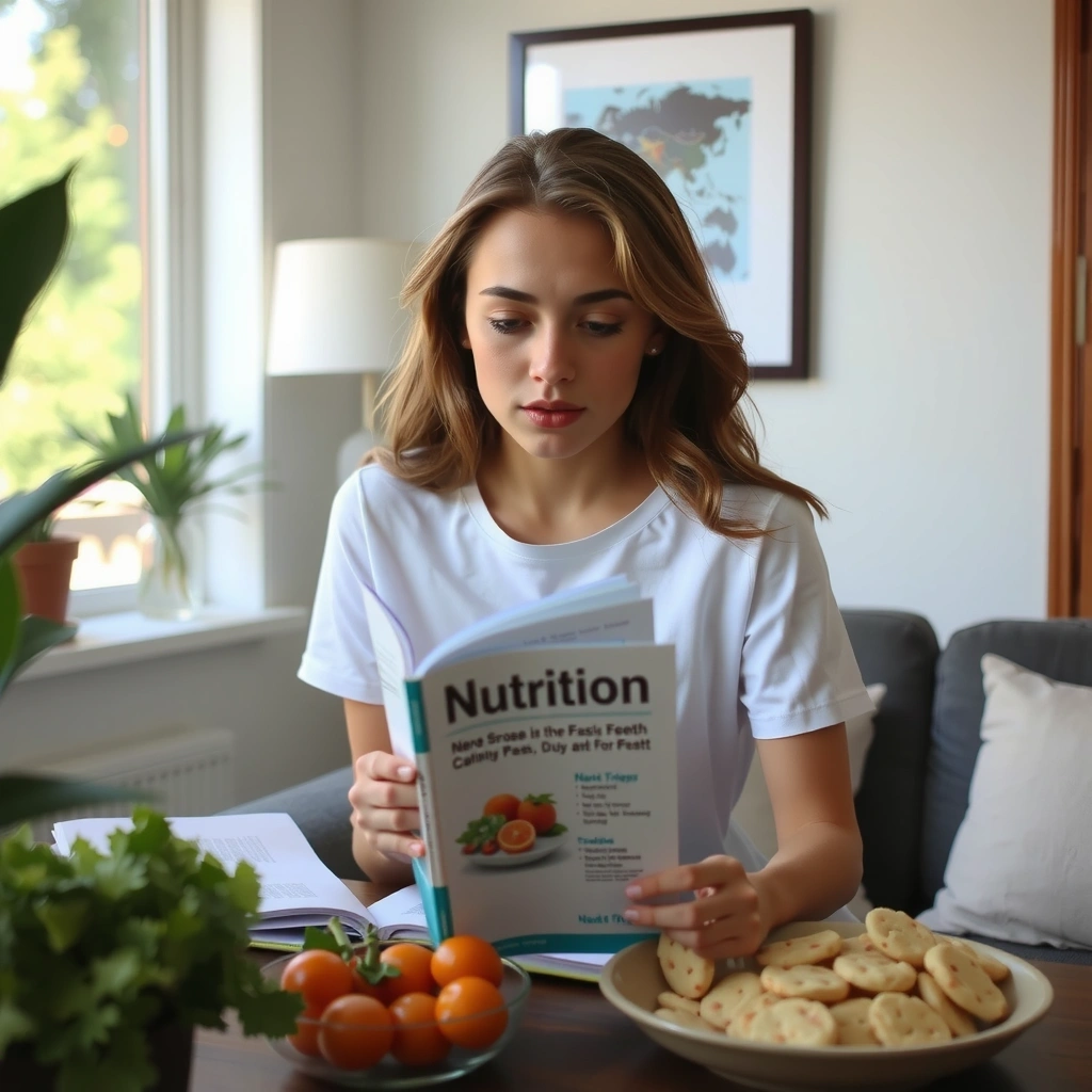 Giovane donna che legge un libro di nutrizione con entusiasmo