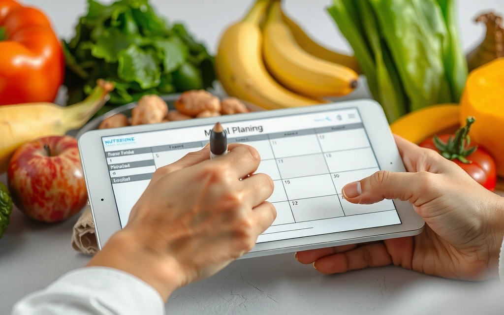 Mani che disegnano un piano alimentare personalizzato su un tablet