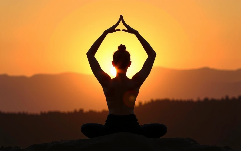 Persona che medita in una posizione yoga all'alba, simbolo di equilibrio e armonia