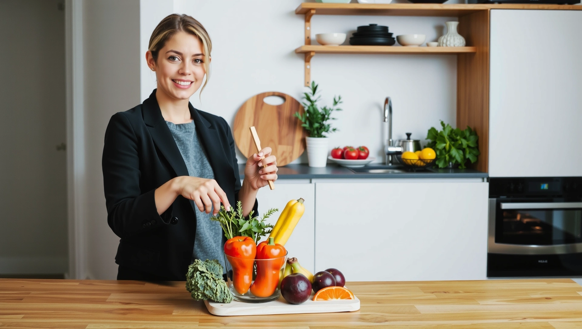 Sfondo di una persona sorridente che prepara un pasto sano, con ingredienti freschi sul tavolo