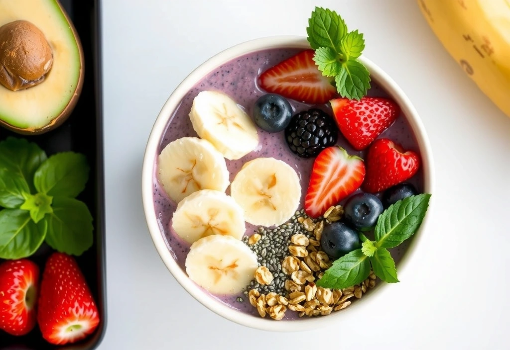 Una ciotola di smoothie colorata con frutta fresca e semi