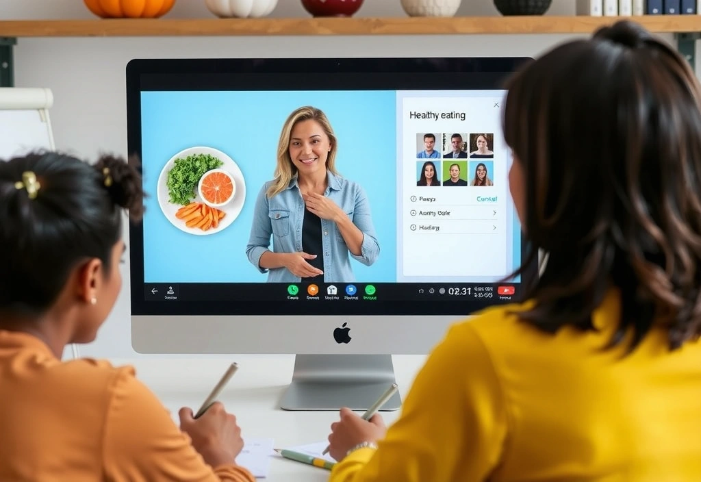Gruppo di persone che partecipano a un webinar sulla nutrizione, con relatore che presenta slide