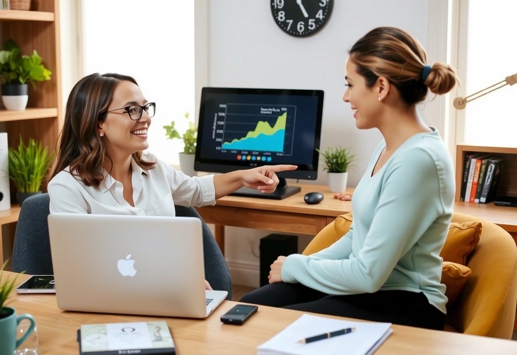 Nutrizionista e cliente che si confrontano su un laptop durante una sessione di supporto online