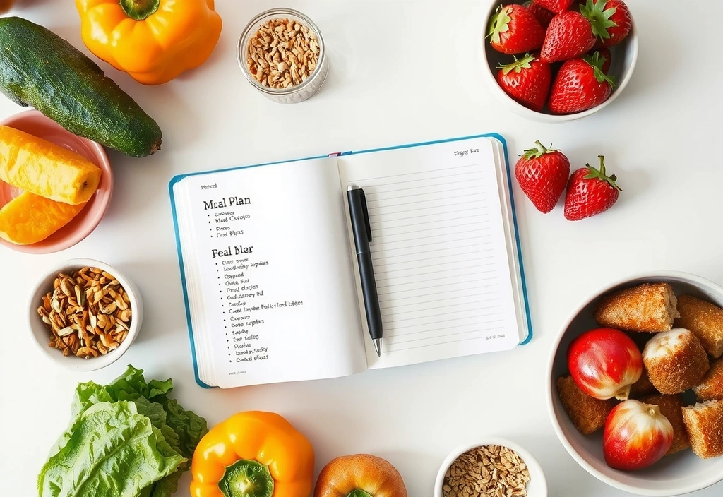 Tavolo con ingredienti freschi e un quaderno per un piano alimentare personalizzato