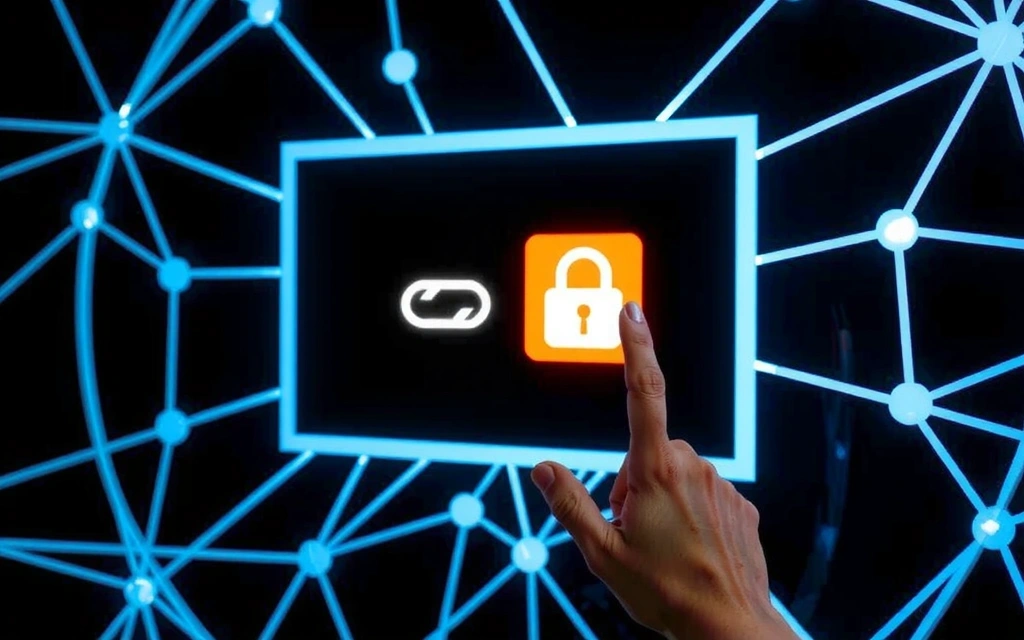 Mano che indica un link esterno su uno schermo digitale